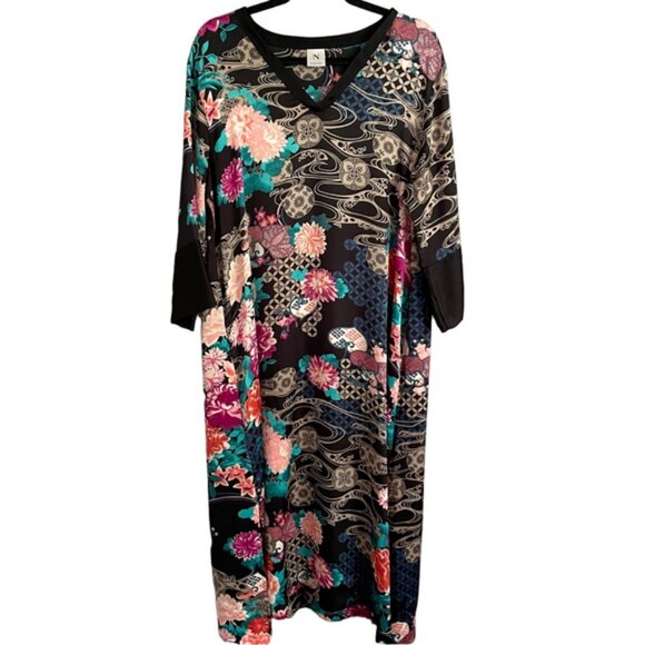 Natori Black Asian Floral Long Sleeve Kaftan Nightgown Dress - Small / Medium - Picture 8 of 10